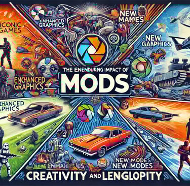 impacto do modding em jogos, com elementos representando melhorias gráficas, novos modos de jogo 