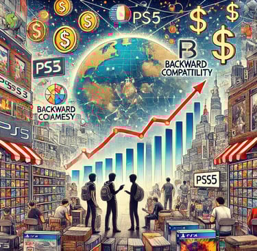 Mercado de jogos com prateleiras de PS3, gráficos de crescimento e elementos globais simbolizando