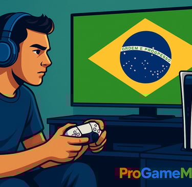 Gamer brasileiro jogando PS5 diante da bandeira nacional.