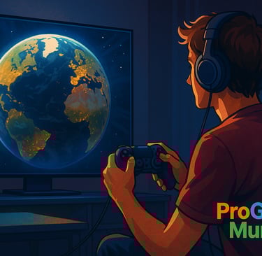 Gamer jogando PS5 enquanto observa a Terra iluminada na tela.