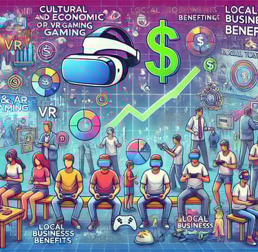 Evento cultural com participantes usando dispositivos de RV e RA, anúncios holográficos e símbolos