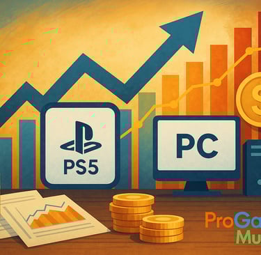 Gráfico com PS5 e PC conectados por seta crescente, representando crescimento econômico do Cross-Buy