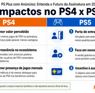 Quadro compara impactos de uma possível PS Plus com anúncios no PS4 e PS5.