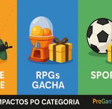 Infográfico horizontal dos impactos da lei das loot boxes em Battle Royale, Gacha e Esportes.