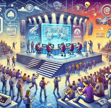 Ilustração de um torneio de eSports com jogadores no palco, uma tela grande e fãs representando o im
