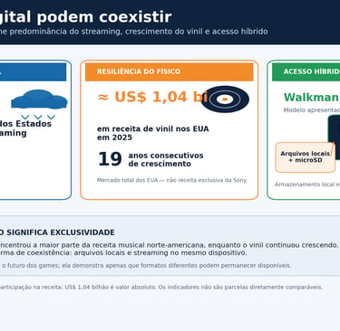 Infográfico mostra streaming, vinil e Walkman coexistindo no mercado musical.