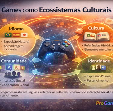 Infográfico mostrando games como ecossistemas que conectam idioma, cultura, comunidade e identidade