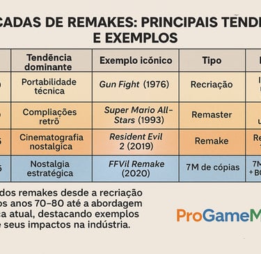 Infográfico mostrando tendências e exemplos de remakes de jogos entre 1970 e 2025.