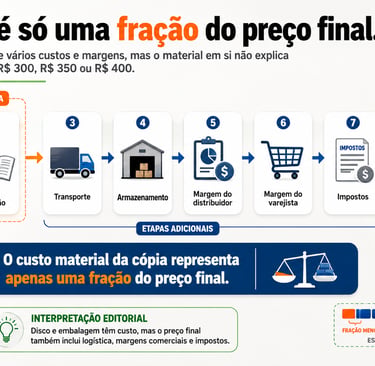 Cadeia de custos de um jogo físico até preços finais de R$ 300 a R$ 400.