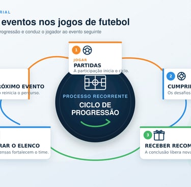 Ciclo de partidas, objetivos, recompensas, melhoria do elenco e novos eventos.