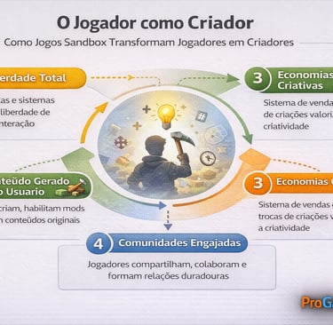 Infográfico mostrando como jogos sandbox transformam jogadores em criadores e fortalecem comunidades