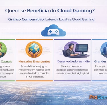 Infográfico mostrando grupos beneficiados pelo cloud gaming, como jogadores, mercados e publishers