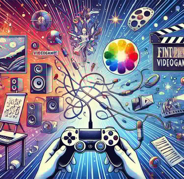 console de videogame no centro conectado por luzes a uma pintura, um palco de concerto e um filme
