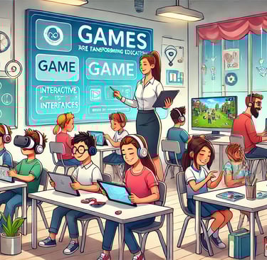 Estudantes em uma sala de aula moderna aprendendo com jogos interativos em tablets e dispositivos.