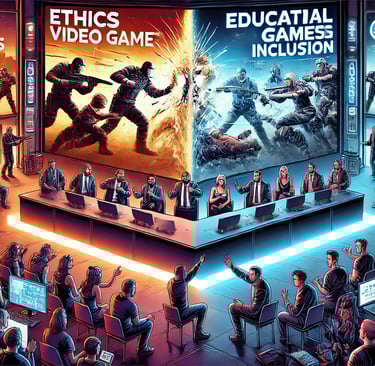 debate sobre a ética nos videogames, com cenas contrastantes de jogos violentos e educativos.