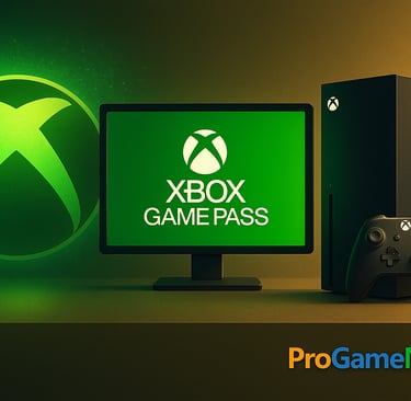 Ilustração horizontal com console Xbox, monitor exibindo Game Pass