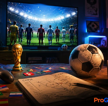 Controle, bola e caderno diante de jogo de futebol exibido na TV