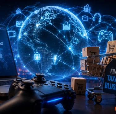 Carrinho com pacotes, controle gamer e globo digital sobre compras internacionais.