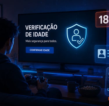 Jogador diante de tela com verificação de idade e ícones de segurança