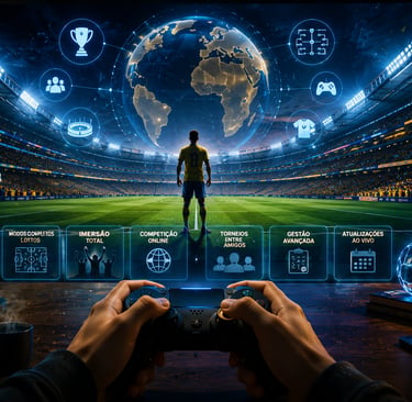 Jogador diante de estádio virtual com troféu, controle e interface da Copa