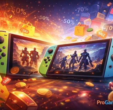 Dois consoles portáteis com moedas e etiquetas de desconto ao redor