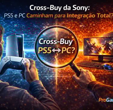 Ilustração conceitual mostrando o debate inicial sobre Cross-Buy entre PS5 e PC.