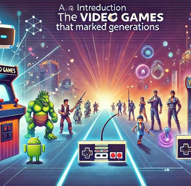 Ilustração com uma linha do tempo de elementos icônicos como arcade retrô, headset VR e personagens 