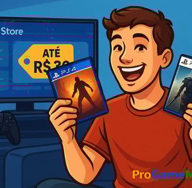 Jovem segura jogos de PS4 e PS5 diante de tela com promoções da PS Store.