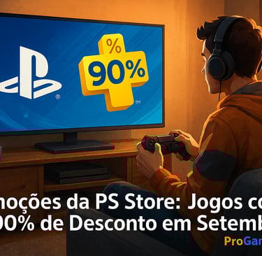 Jogador animado com controle observando promoções de até 90% na PS Store.