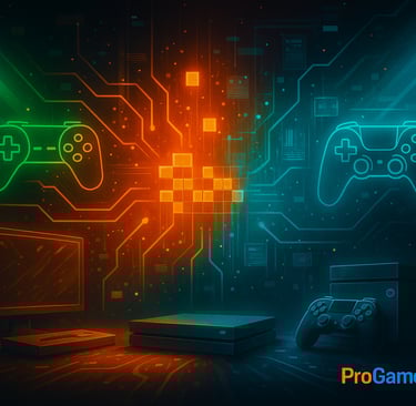 Fusão entre nostalgia e inovação gamer com luzes vibrantes e atmosfera futurista.