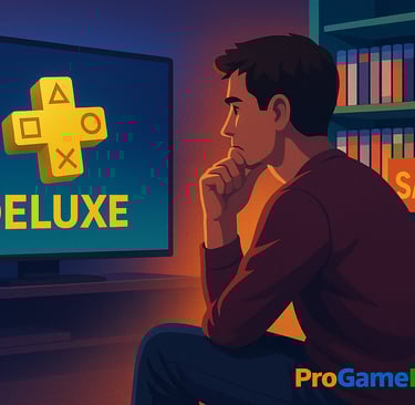 Jogador pensativo diante da TV com logo da PS Plus Deluxe e prateleira de jogos em promoção.