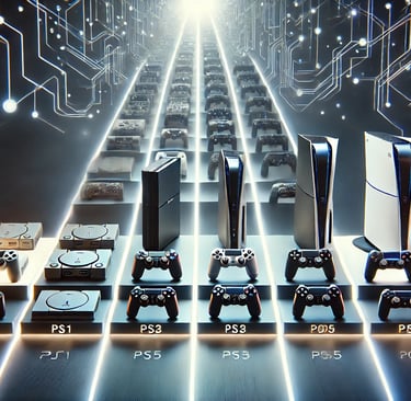 Uma linha do tempo ilustrativa mostrando os consoles PlayStation do PS1 ao PS5, com cada console