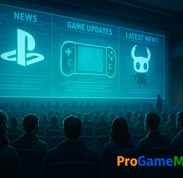 Auditório futurista com telão holográfico exibindo atualizações gamer para o público.