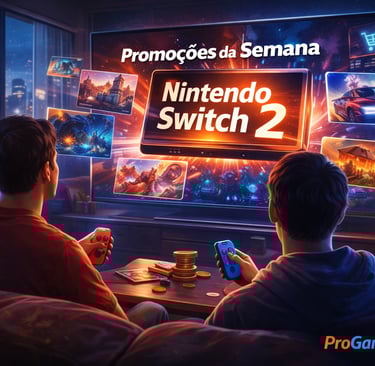 Dois jogadores no sofá diante da TV com Switch 2 e ofertas na tela