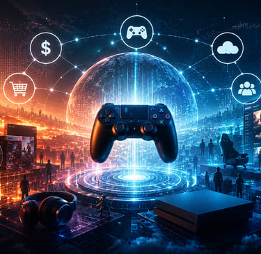 Imagem conceitual sobre console, jogos digitais e serviços conectados na indústria gamer.