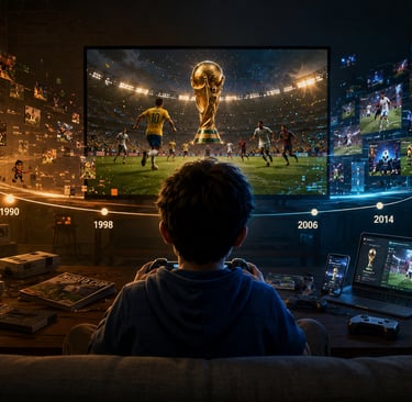 Jogador acompanha a evolução dos games de futebol da Copa em várias telas.