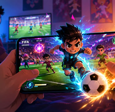 Jogador disputa partida de futebol arcade em um celular com efeitos de energia.