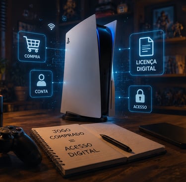 Console moderno com ícones de compra, conta, licença digital e acesso.