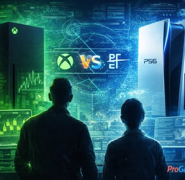 Dois observadores analisam painéis digitais sobre novo Xbox e PS6 em cenário futurista.