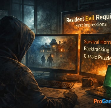 Pessoa analisando monitores com tema de survival horror e pistas de Resident Evil Requiem