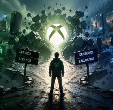 Jogador diante de caminhos digitais ligados ao ecossistema Xbox.