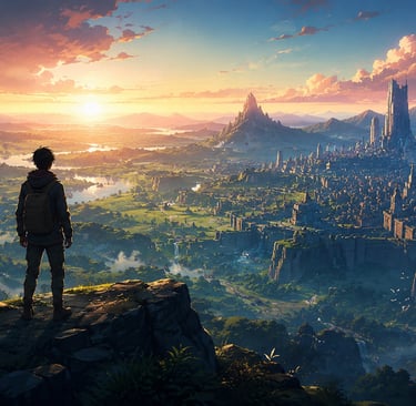 Aventureiro observa cidade futurista em vale ao pôr do sol.