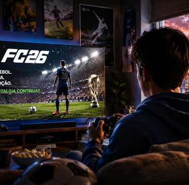 Jogador no sofá com controle diante de jogo de futebol e clima de Copa