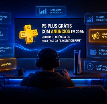 Interface futurista sobre PS Plus, anúncios e serviços digitais.
