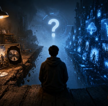 Jogador entre mídia física e universo digital de games.