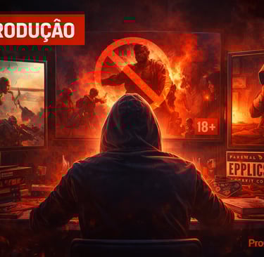Pessoa observando telas com cenas simbólicas de violência e avisos de censura em videogames
