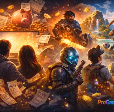 Cena gamer com moedas e contas ao fundo, destacando jogos gratuitos lançados em janeiro
