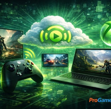 Interface do Xbox Cloud Gaming exibida em TV, notebook e celular conectados à nuvem