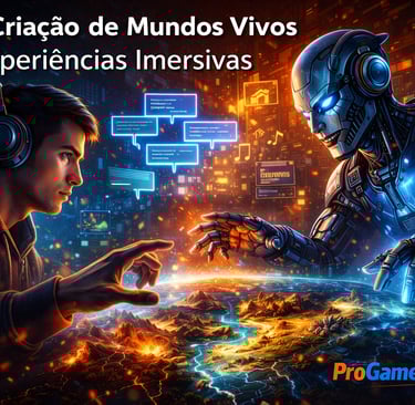 Jogador imerso em ambiente futurista com inteligência artificial e elementos tecnológicos dos games.