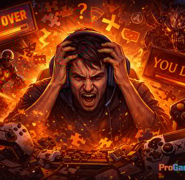 Jogador frustrado cercado por símbolos de derrota e desafio em jogos de alta dificuldade